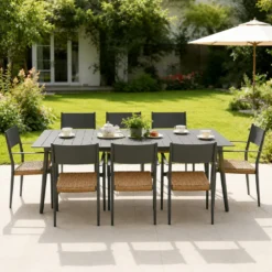 Canberra ensemble table de jardin 200 cm et 8 fauteuils gris foncé effet rotin
