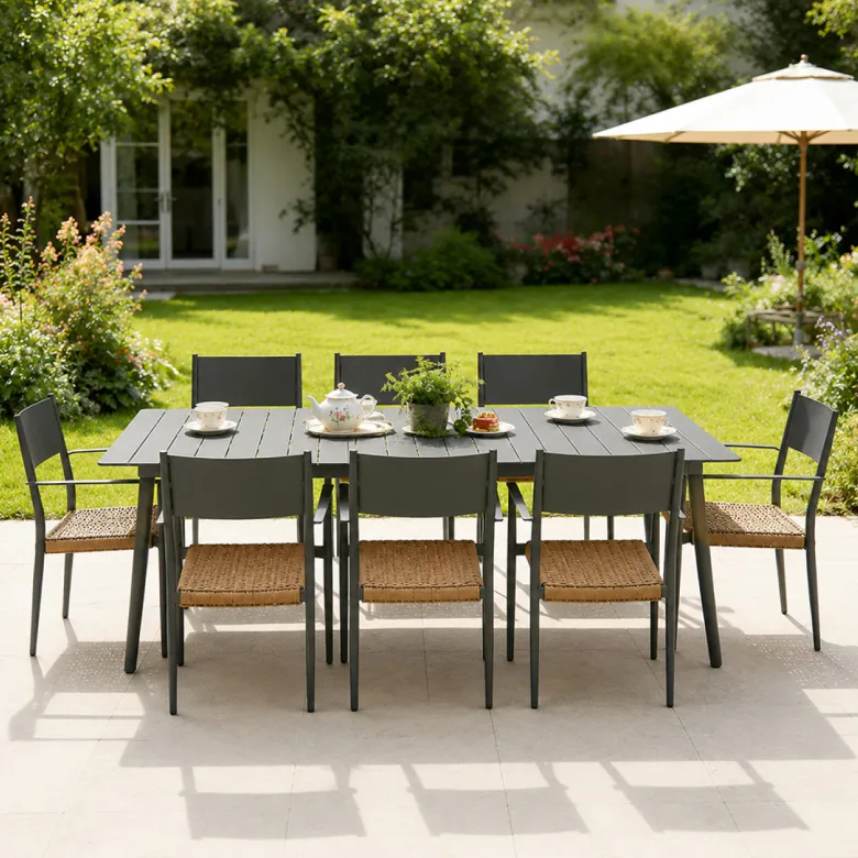 Canberra ensemble table de jardin 200 cm et 8 fauteuils gris foncé effet rotin