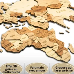 Carte du monde en bois 3d ambrée m