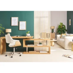 Chaise de bureau à roulettes blanc, bois clair et acier chromé hansen