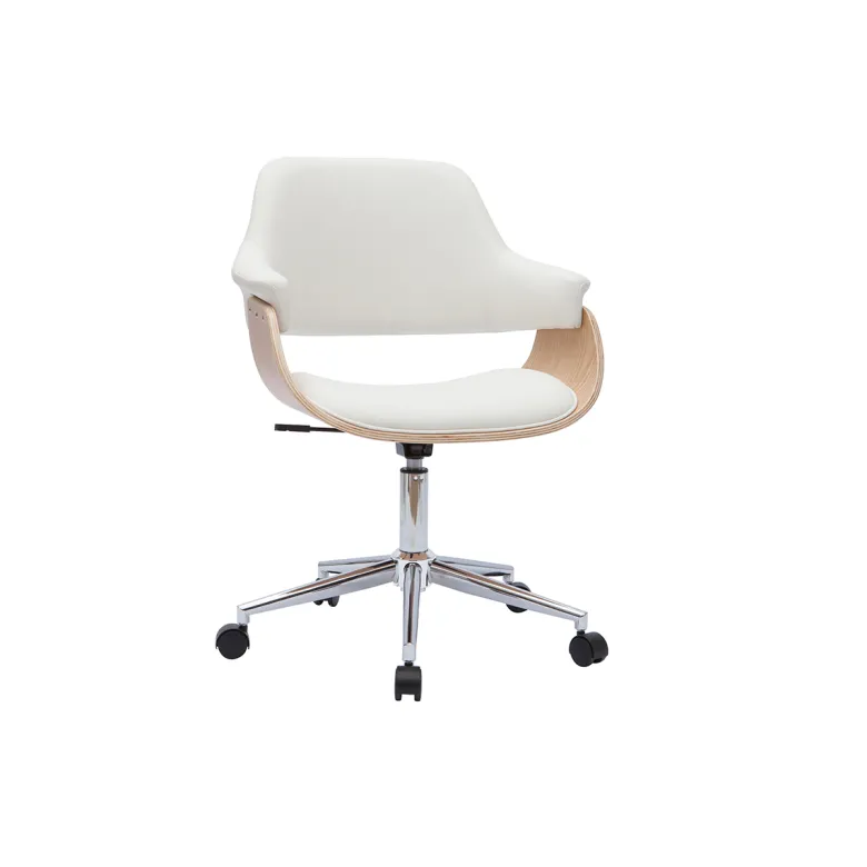 Chaise de bureau à roulettes blanc, bois clair et acier chromé hansen