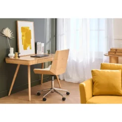 Chaise de bureau à roulettes blanc, bois clair et acier chromé melkior