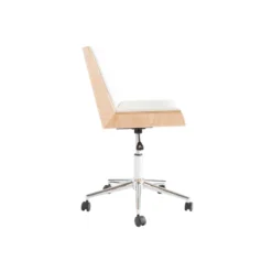 Chaise de bureau à roulettes blanc, bois clair et acier chromé melkior