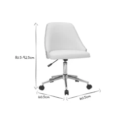 Chaise de bureau à roulettes blanc, bois clair et acier chromé quino