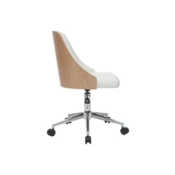 Chaise de bureau à roulettes blanc, bois clair et acier chromé quino