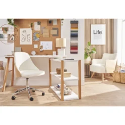 Chaise de bureau à roulettes blanc, bois clair et acier chromé quino