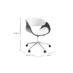 Chaise de bureau à roulettes blanc, bois foncé noyer et acier chromé bent