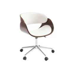 Chaise de bureau à roulettes blanc, bois foncé noyer et acier chromé bent