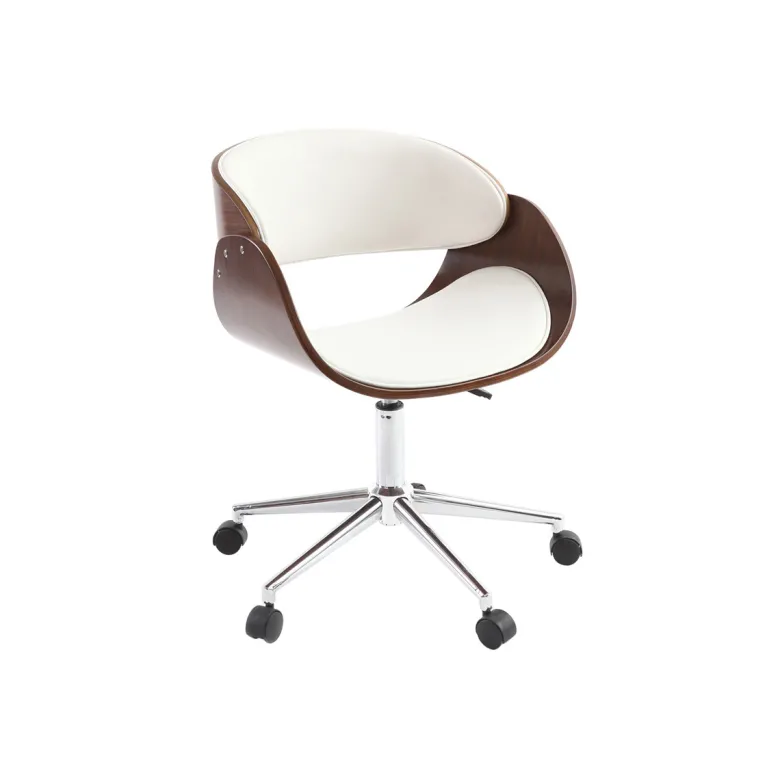 Chaise de bureau à roulettes blanc, bois foncé noyer et acier chromé bent