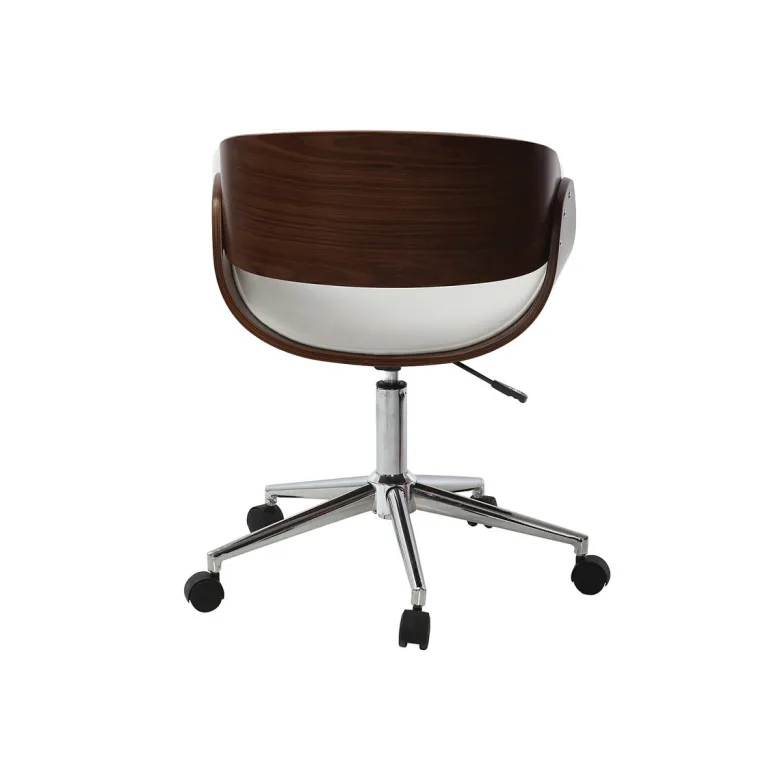 Chaise de bureau à roulettes blanc, bois foncé noyer et acier chromé bent