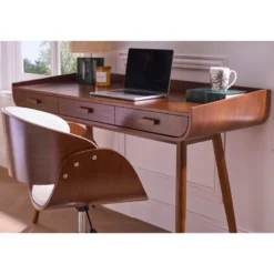 Chaise de bureau à roulettes blanc, bois foncé noyer et acier chromé bent