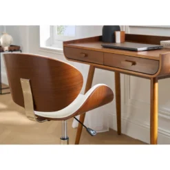 Chaise de bureau à roulettes blanc, bois foncé noyer et acier chromé walnut