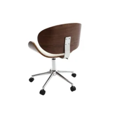 Chaise de bureau à roulettes blanc, bois foncé noyer et acier chromé walnut