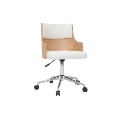 Chaise de bureau à roulettes blanc, bois clair et acier chromé mayol