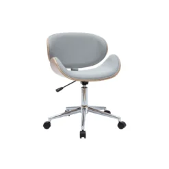 Chaise de bureau à roulettes en tissu gris clair et bois clair walnut