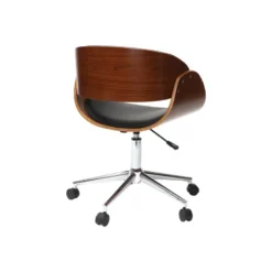 Chaise de bureau à roulettes noir, bois foncé noyer et acier chromé bent