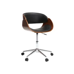 Chaise de bureau à roulettes noir, bois foncé noyer et acier chromé bent