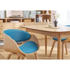 Chaise en tissu bleu canard et bois clair bent