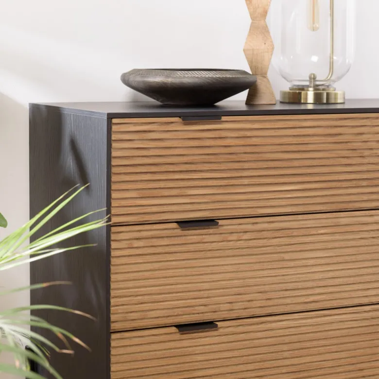 Charlie - commode bois marron et noire 3 tiroirs pin pieds métal