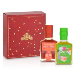 Coffret huile d'olive basilic 100ml et vinaigre balsamique tomate piment 100ml