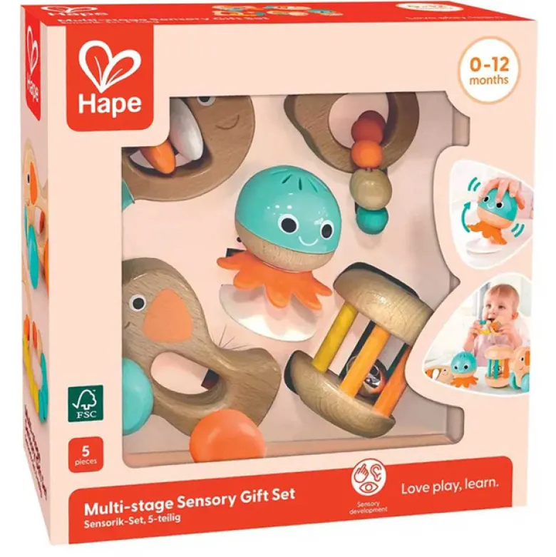 Coffret 5 jouets d'éveil sensoriel en bois Hape