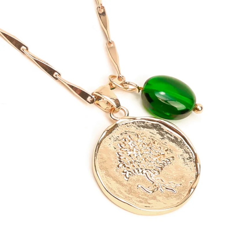 Collier médaille arbre de vie en acier inoxydable doré et perle de verre