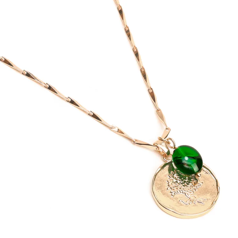 Collier médaille arbre de vie en acier inoxydable doré et perle de verre
