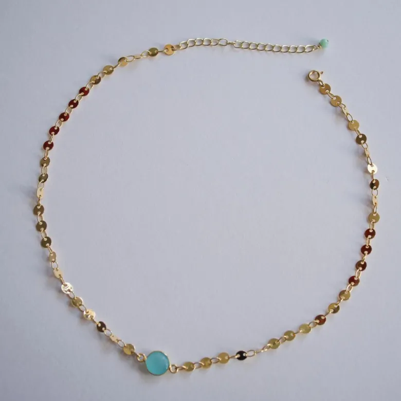 Collier ras du cou plaqué or 14 k, chaine cercles doré, pierre vert d'eau