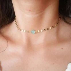 Collier ras du cou plaqué or 14 k, chaine cercles doré, pierre vert d'eau