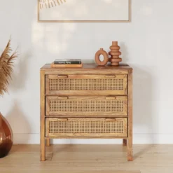 Commode en bois de manguier et cannage 3 tiroirs - tiki
