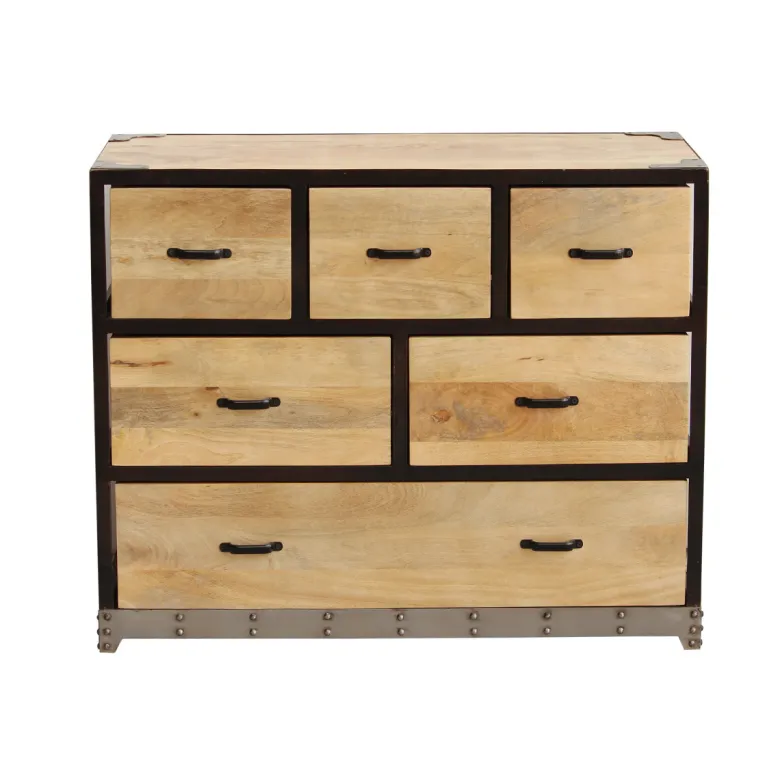 Commode en bois manguier massif et métal noir 6 tiroirs l99 cm industria