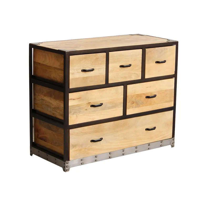 Commode en bois manguier massif et métal noir 6 tiroirs l99 cm industria
