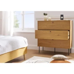 Commode finition bois clair chêne et pieds métal noir 3 tiroirs l100 cm pernelle