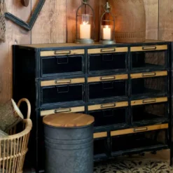 Commode industrielle en bois marron et fer noir 107 x 34 x 86.5 cm