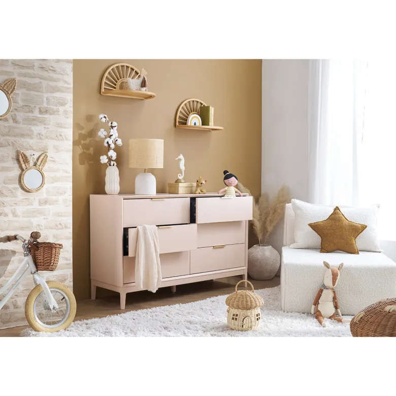 Commode rose poudré et métal doré 6 tiroirs l120 cm giana