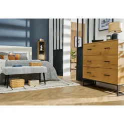 Commode 3 tiroirs finition bois clair chêne et métal noir l100 cm lovato