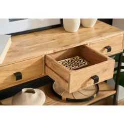 Console avec rangements 4 tiroirs en bois massif et métal noir l115 cm grenelle