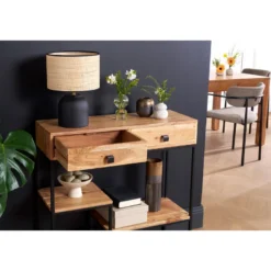 Console avec rangements 2 tiroirs en bois massif et métal noir l80 cm grenelle