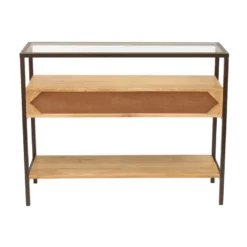 Console en bois clair manguier massif et plateau en verre 2 tiroirs l100 cm sita
