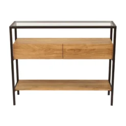 Console en bois clair manguier massif et plateau en verre 2 tiroirs l100 cm sita