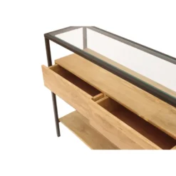Console en bois clair manguier massif et plateau en verre 2 tiroirs l100 cm sita