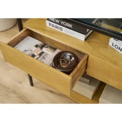 Console en bois clair manguier massif et plateau en verre 2 tiroirs l100 cm sita