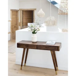 Console en bois massif 2 tiroirs et détails dorés - colombo