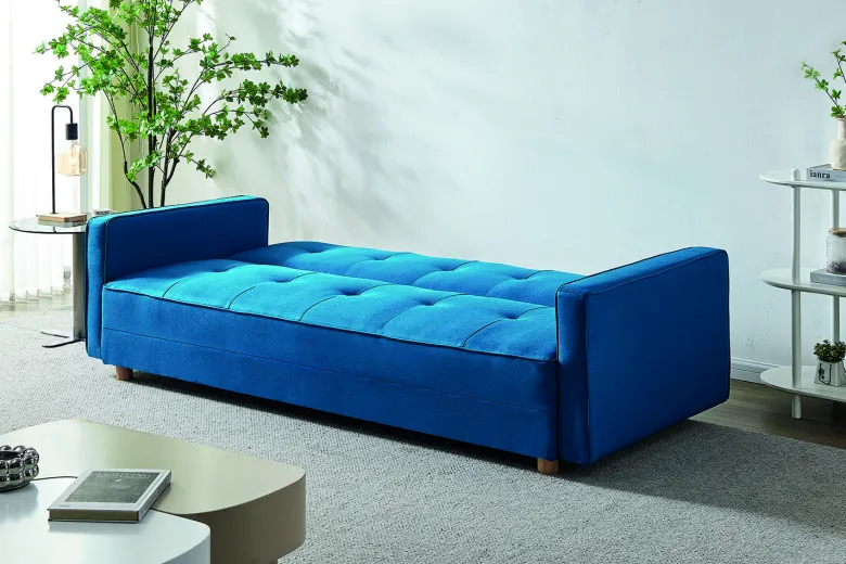 Copenhague canapé scandinave convertible 3 places en tissu bleu canard