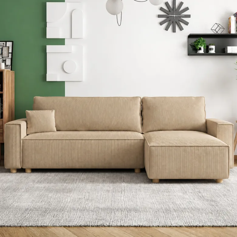 Cosy canapé convertible d'angle réversible 4 places velours côtelé beige