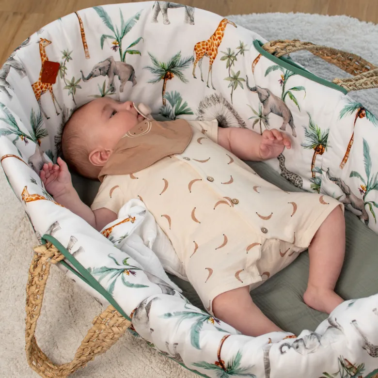 Couffin bébé avec matelas, habillage en satin de coton et drap housse en gaze de coton - Collection Safari
