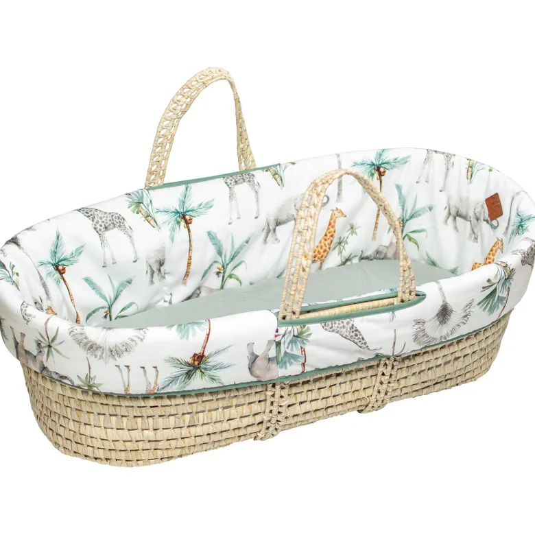 Couffin bébé avec matelas, habillage en satin de coton et drap housse en gaze de coton - Collection Safari