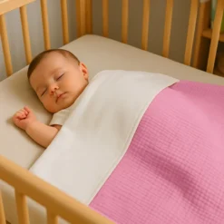 Couverture en coton bio blanc et rose