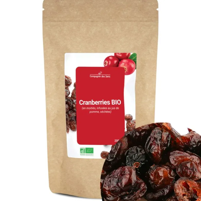 Cranberries bio - 200g (en moitiés, infusées au jus de pomme, séchées)