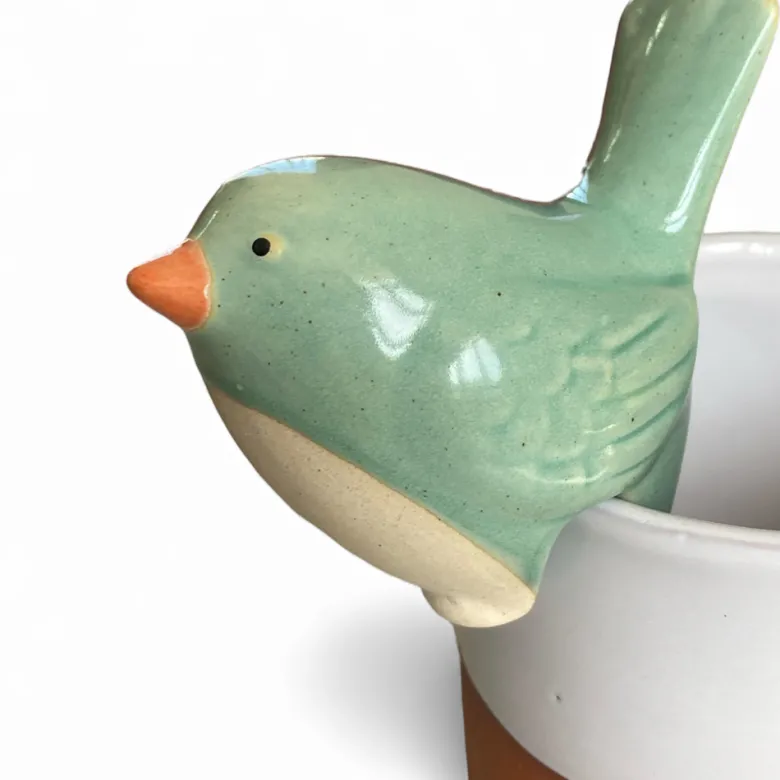 Décoration animal en céramique à accrocher sur un pot de fleurs Oiseau